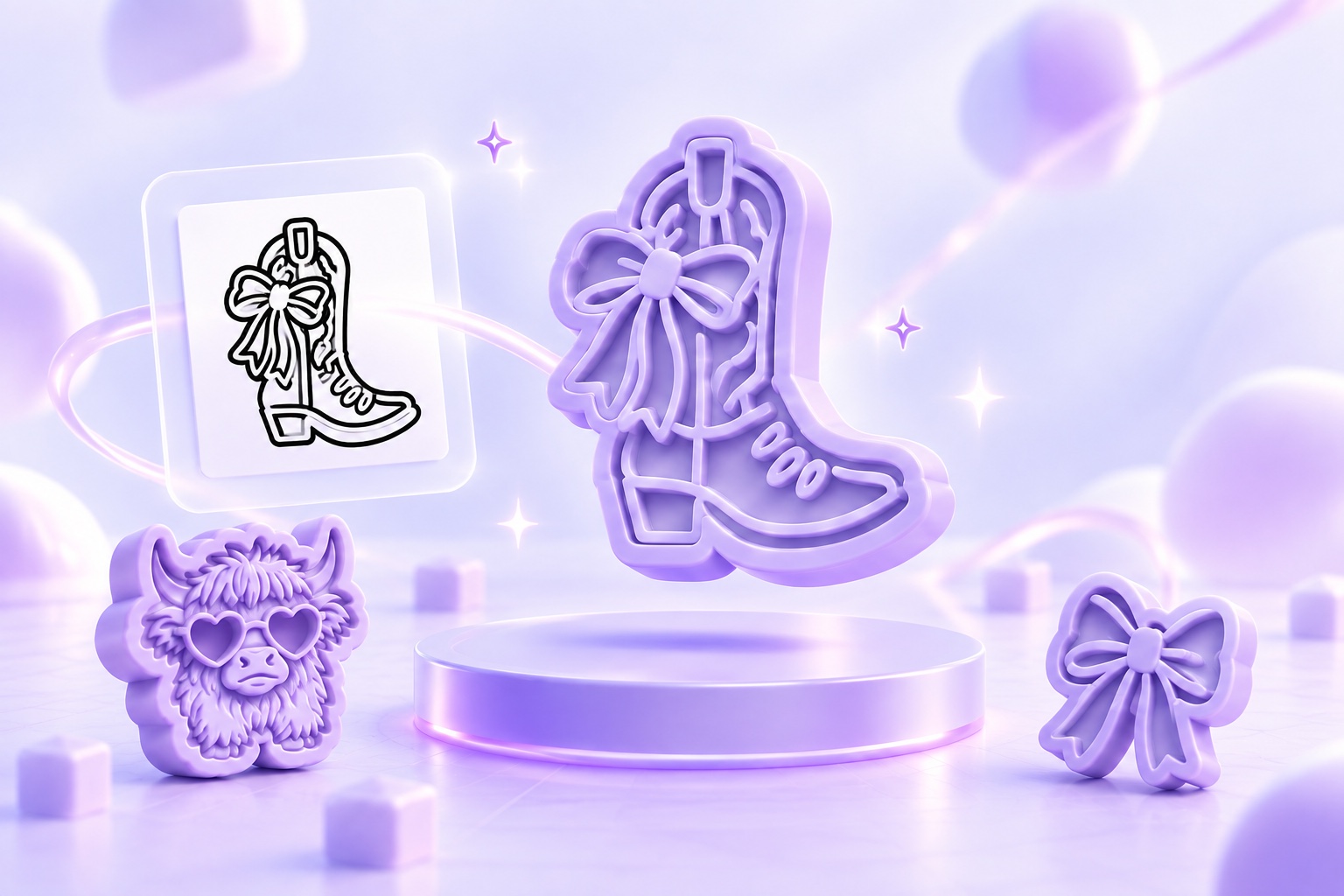 Concept illustration of cowboy boot and bow artwork becoming a lavender mold, with Highland cow and ribbon bow molds